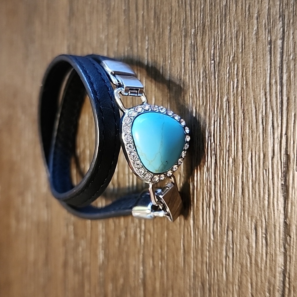 Lia Sophia turquoise charm, black strap bracelet